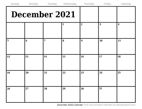 Printable 2021 Calendar By Month December
