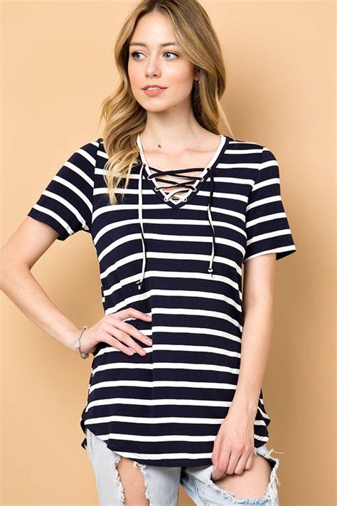 striped lace up v neck top wholesale clothing clothes outfit accessories