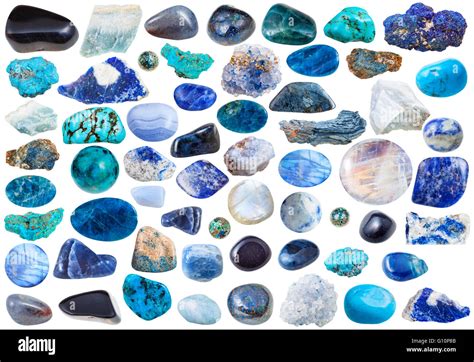 Set Of Blue Natural Mineral Stones And Gems Isolated On White