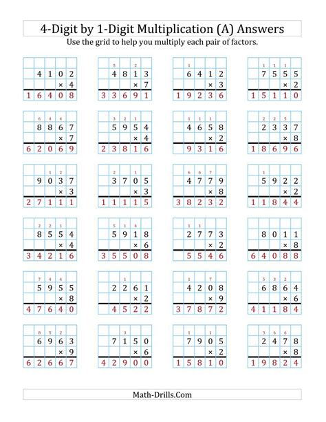 4 Digit By 2-digit Multiplication Worksheets With Grids