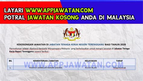 Jabatan pendaftaran negara adalah sebuah jabatan di bawah kementerian dalam negeri malaysia. Jawatan Kosong di Jabatan Tenaga Kerja Negeri Terengganu ...