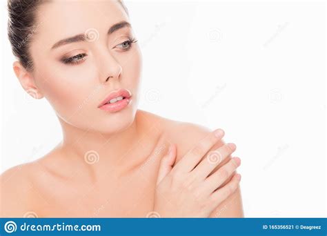 Beautiful Woman With Perfect Skin Touching Her Shoulder Close Up Portrait Stock Image Image