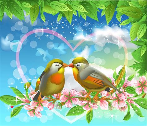Loving Birds Kissing On A Branch Stock Vector Illustration Of Couple