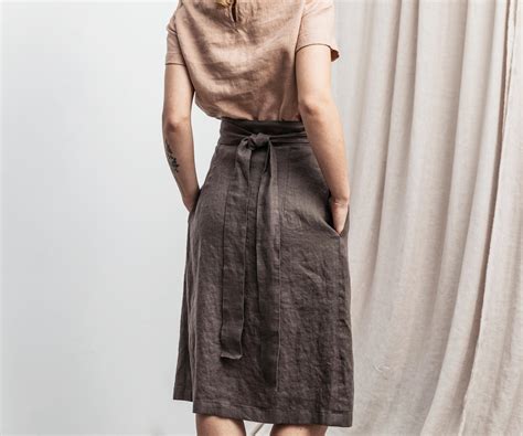 linen skirt wrap skirt with deep side pockets summer skirt a line skirt midi linen skirt