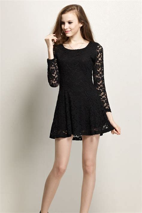 Fashion O Neck Long Sleeve Waist Black Lace Mini Dress Stylish