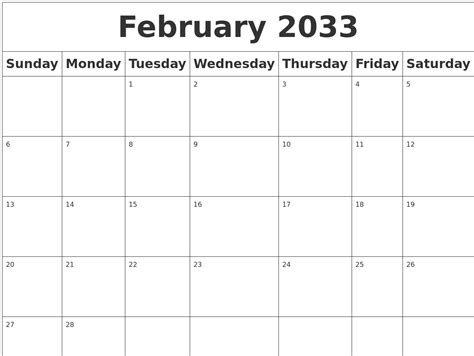 February 2033 Blank Calendar