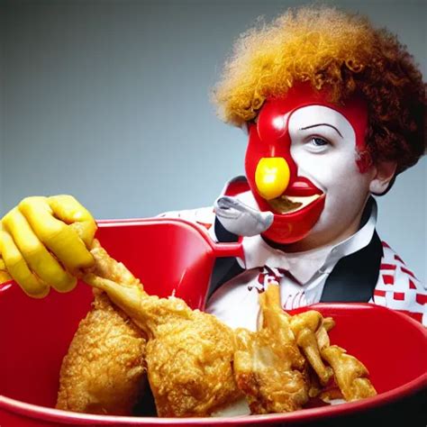 Ronald Mcdonald Eating A Chicken Leg Out Of A Kfc Stable Diffusion