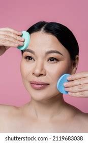 Asian Woman Naked Shoulders Cleaning Face Stock Photo 2119683038