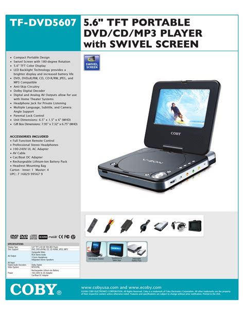 Coby Tf Dvd5607 Portable Dvd Player Specifications Manualslib