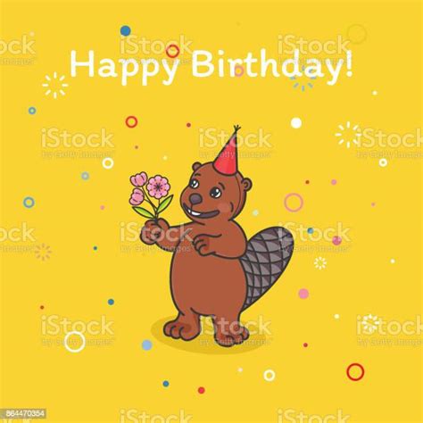 The Beaver In A Festive Cap At The Birthday Party Stock Illustration