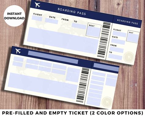 Printable Airline Ticket Boarding Ticket Template Plane Ticket Etsy