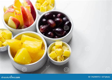 Various Set Fruits Pineapple Apple Grapes With Matured Cheddar