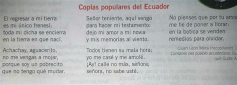 El Texto Coplas Populares Del Ecuador En Qu Forma De Expresi N Literaria Se Encuentra Brainly Lat