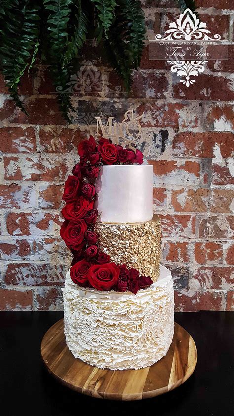 3 Tier Wedding Cake With Frill Tier Gold Sequin And Red Roses