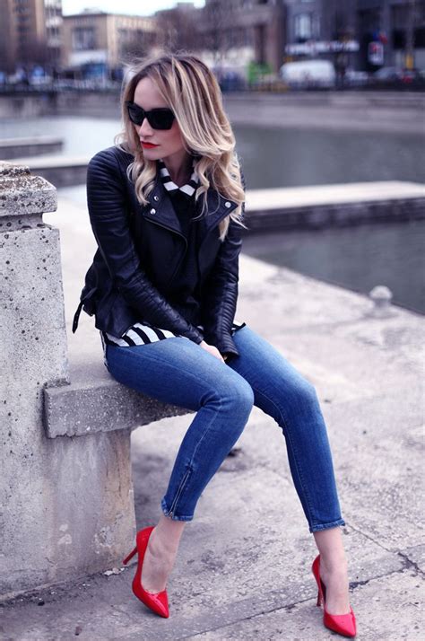 Jeans Leather Jacket And Red Heels Urban Chic Outfits Fashion Red