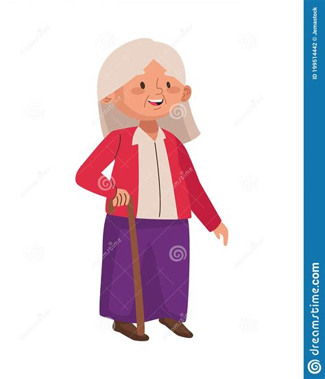 Cute Old Woman Walking With Cane Character Stock Vector