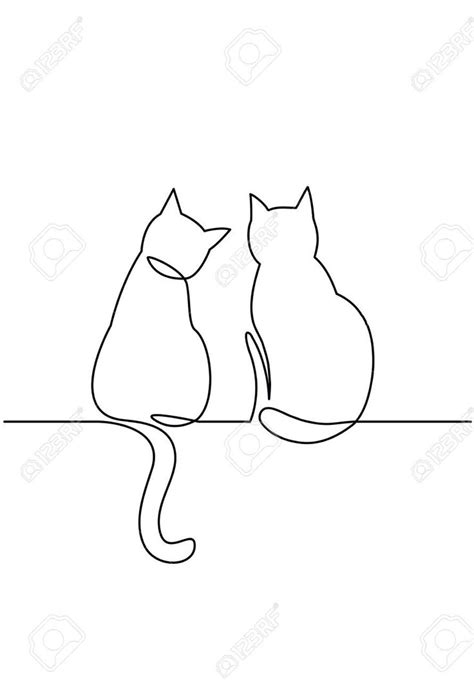 Continuous One Line Drawing Of Two Happy Cats Silhouettes Simple Ink