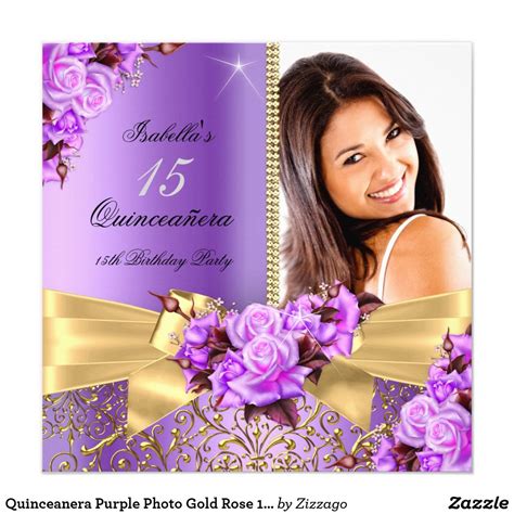 Quinceanera Purple Photo Gold Rose 15th Birthday Photo Quinceanera