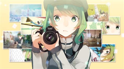 デスクトップ壁紙 図 アニメの女の子 ショートヘア 帽子 緑の目 カメラ 漫画 ボーカロイド