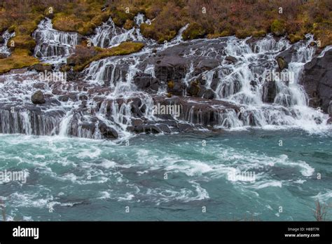 Hraunfossar Is Waterfall Of Waterfalls In Near Borgarnes Town Iceland