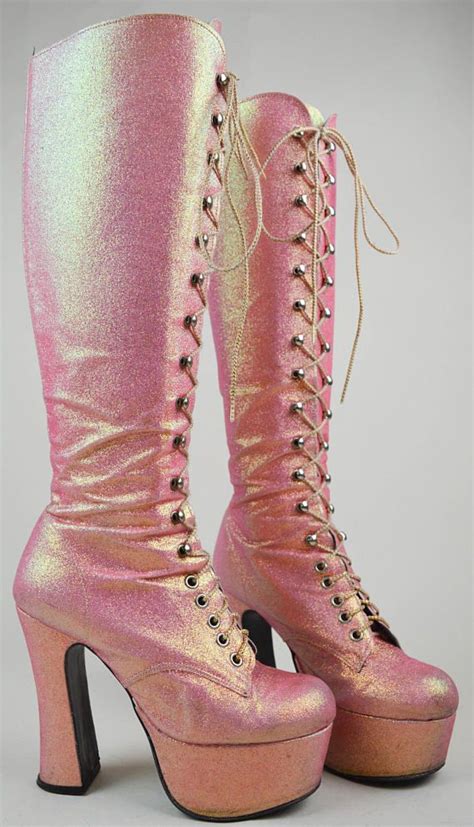 90s Does 70s Pink Glitter Lace Up Knee High Platform Boots Uk 4 Us 6