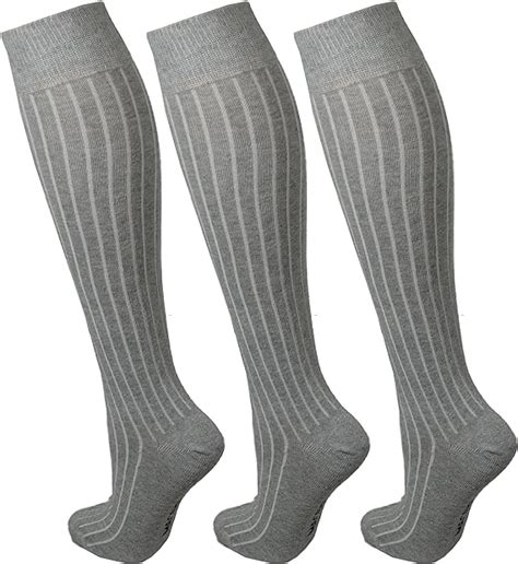 3 pairs men cotton rich long knee high ribbed grey socks uk clothing
