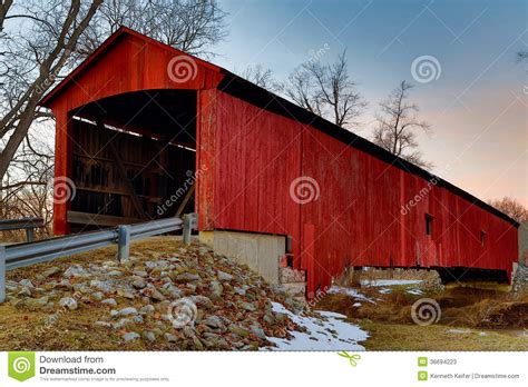 Oakalla Covered Bridge Midwinter At Sundown Stock Image Image Of