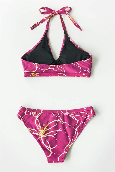 Cupshe Womens Purple Hibiscus Halter Low Rise Cutout Two Piece Bikini