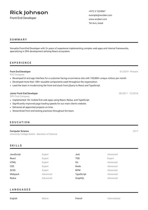 Front end developer resume doc. Front End Developer CV Example