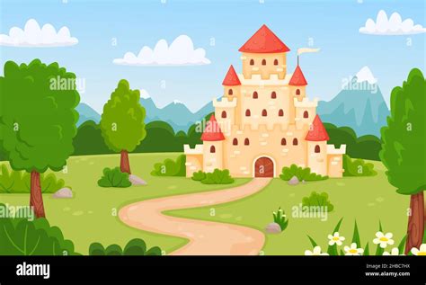Cartoon Medieval Castle Fairytale Landscape With Princess Palace