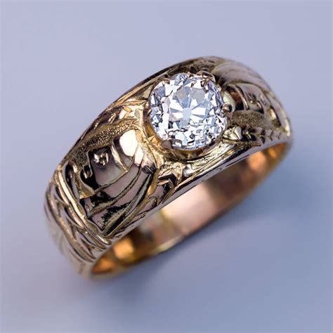 Unusual Antique Diamond Chased Gold Mens Ring Antique Jewelry
