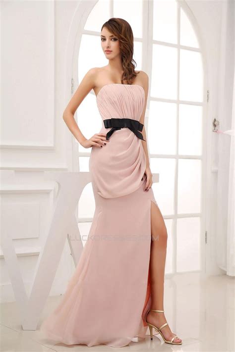 Sheath Strapless Split Front Long Chiffon Prom Evening Dresses Ed010808