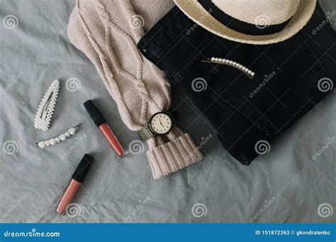 Stylish Flatlay Arrangement With Female Fashion Clothes And Accessories