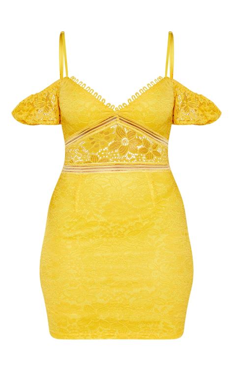 Bright Yellow Lace Cold Shoulder Bodycon Dress Prettylittlething Aus