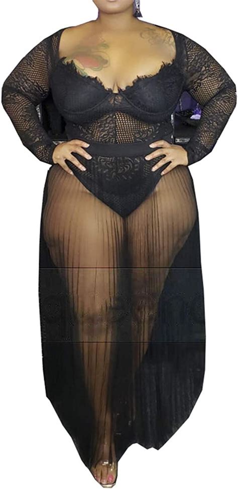 Sexy Plus Size 2 Piece Outfits Long Sleeve See Through Lace Bodysuit