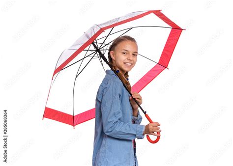 Portrait Of Teen Girl Holding Umbrella Side View Isolated On White