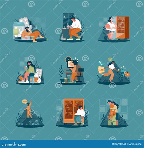 Bad Habits Set Character With Unhealthy Lifestyle Patterns And Addictions Stock Vector