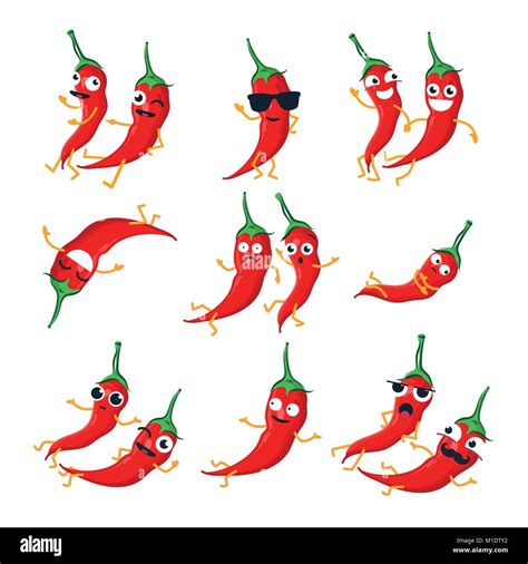 Funny Red Chili Peppers Vector Isolated Cartoon Emoticons Stock