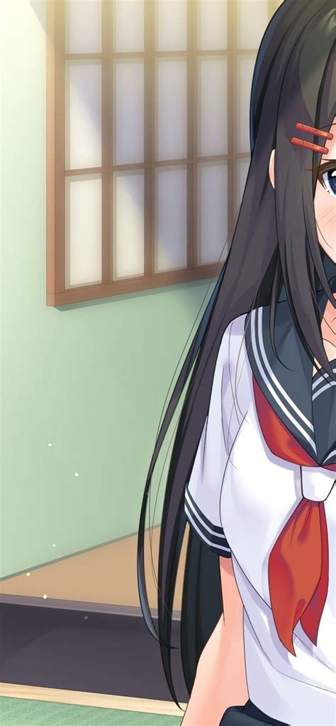 Smiling Anime School Girl Japanese Room Black Hair Blue Eyes