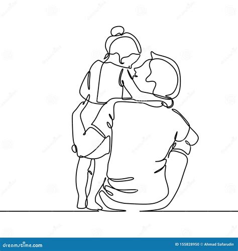 Continuous Line Drawing Of Father And His Daughter Vector Illustration