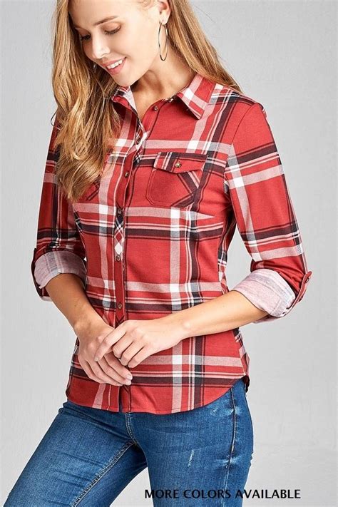 Womens Plaid Button Down Knit Shirt Roll Up Sleeves Plus Size Fashion