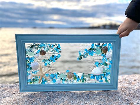 Free Shipping 12x18 Beach Glass And Shells In A Frame Etsy Beach Glass Art Beach Glass Frame