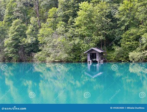 Alpine Lake With Turquoise Water And Boathouse Stock Photo Image Of