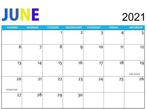 Editable June 2021 Calendar Word Printable Blank Template