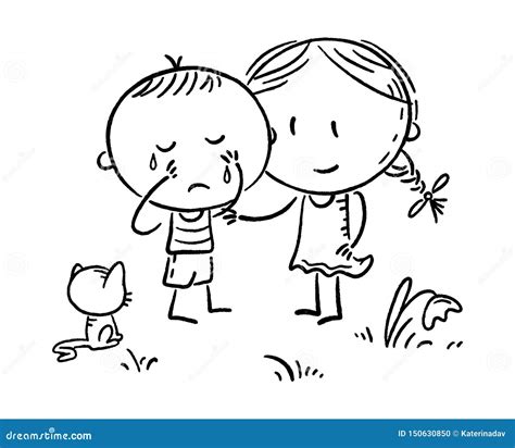 A Little Boy Crying And A Girl Comforting Him Outline Stock Vector