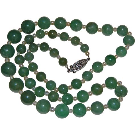 Fine Vintage Jade Pearl Necklace Diamond Gold Clasp From Hwantiques