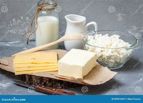 Various Dairy Products Cottage Cheese Bottle Of Milk Butter And