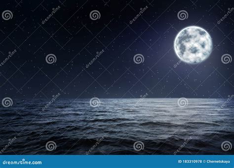 Seascape With Full Moon In Night Sky Stock Photo Image Of Heaven