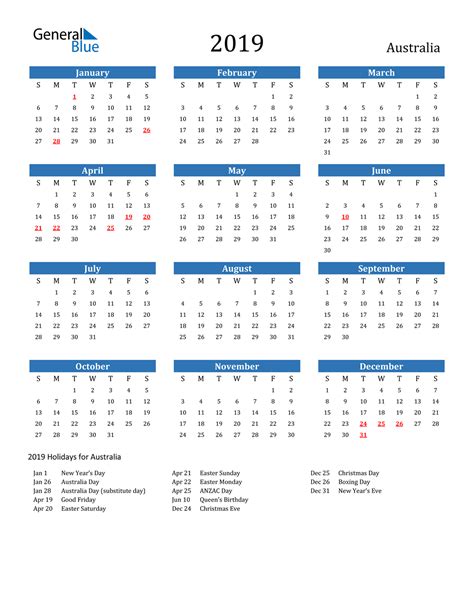 2019 Australia Calendar With Holidays