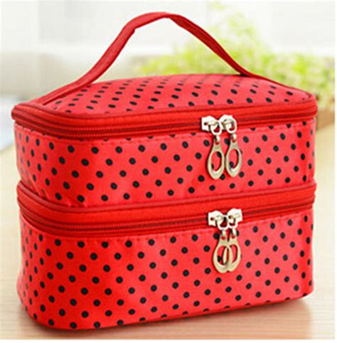 Women Multifunction Double Desk Polka Dot Cosmetic Bag Makeup Case